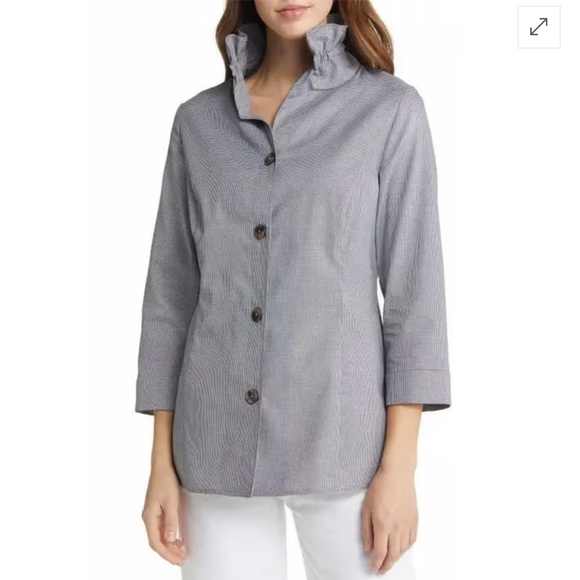 Ming Wang Check Stretch Cotton Poplin Ruffle Stand Collar Button Front Blouse XS - Picture 1 of 15
